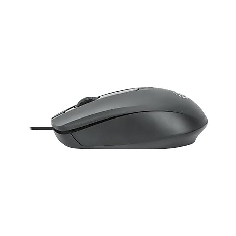Schwarze kabelgebundene Computermaus in Seitenansicht vor weißem Hintergrund.