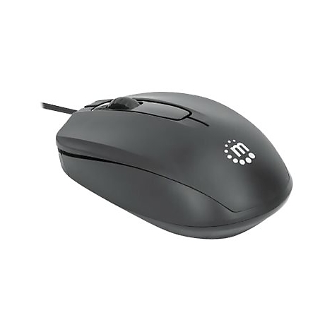 Schwarze kabelgebundene Computermaus mit weißem Markenlogo auf dem Gehäuse.