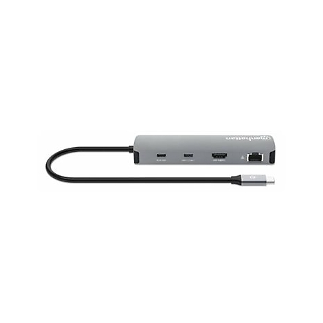 Grauer Manhattan USB-C Hub mit Kabel. Anschlüsse: USB-C, HDMI, LAN, USB.