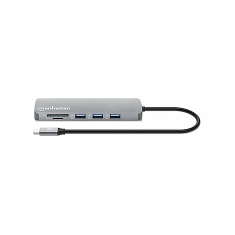 Grauer USB-Hub mit SD-Kartenleser und mehreren USB-Anschlüssen. Schwarzes Kabel mit USB-C-Stecker.