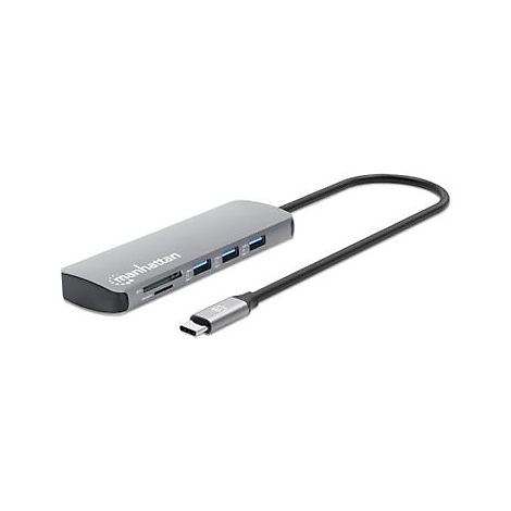 Graues USB-C Hub mit USB-Ports und SD-Kartenleser.