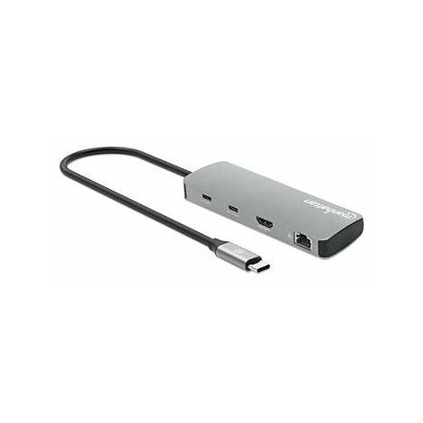 Grauer USB-C Hub mit Anschlüssen. Ein schwarzes Kabel mit USB-C Stecker ist angeschlossen.