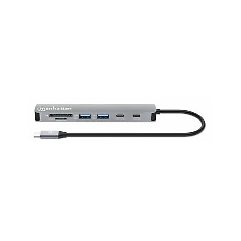 Grauer Manhattan USB-C Hub. Mit verschiedenen Anschlüssen und einem USB-C Stecker.