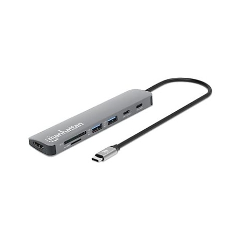 Graues Manhattan-USB-C-Hub mit angeschlossenem Kabel. Anschlüsse: HDMI, USB, SD-Kartenleser.