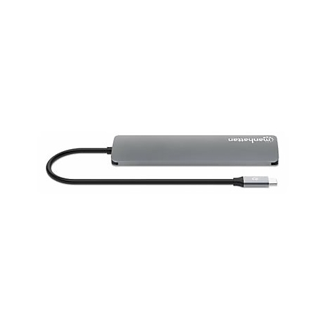 Grauer USB-C-Hub mit schwarzem Kabel, Manhattan-Logo.