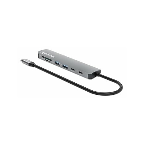 Grauer USB-C-Hub von Manhattan. Mit mehreren Anschlüssen, SD-Kartenleser und schwarzem Kabel auf weißem Hintergrund.