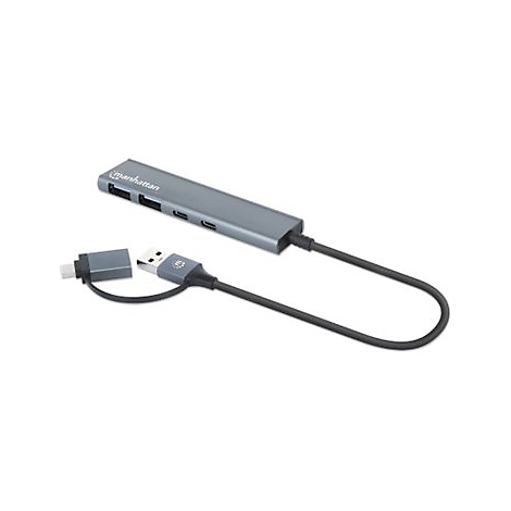 Grauer USB-C-Hub mit Manhattan-Logo, USB-A-Anschluss und Anschlusskabel.