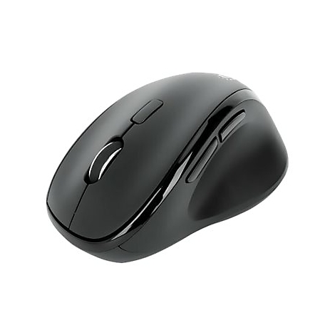 Schwarze, ergonomische kabellose Computermaus aus Kunststoff mit Scrollrad vor weißem Hintergrund.