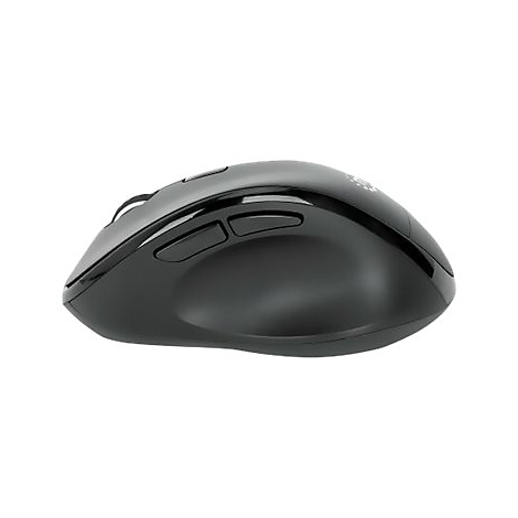 Schwarze, ergonomisch geformte kabellose Computermaus in Seitenansicht vor weißem Hintergrund.