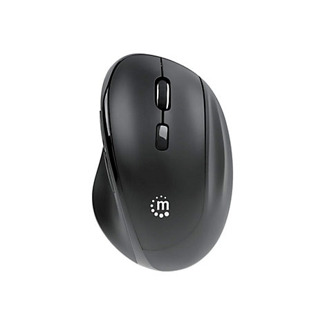 Schwarze kabellose Computermaus in ergonomischer Form vor weißem Hintergrund mit Firmenlogo.