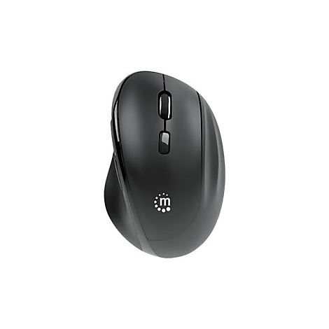Schwarze, ergonomisch geformte kabellose Computermaus mit einem kleinen weißen Logo auf der Oberfläche.
