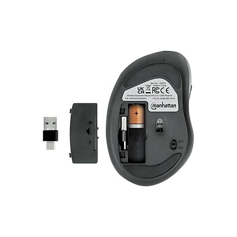 Unterseite einer ergonomischen, grauen Funkmaus mit geöffnetem Batteriefach, Batterie, USB-Empfänger und Deckel.