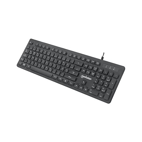 Schwarze Manhattan-Tastatur mit Kabel auf weißem Hintergrund.