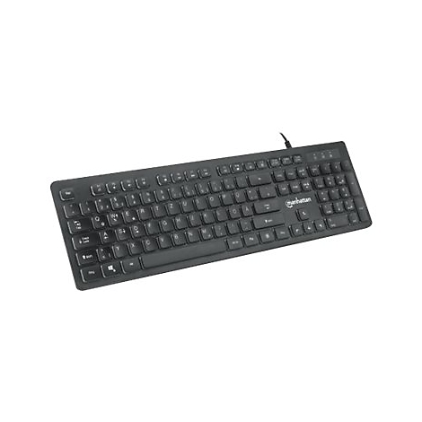 Schwarze Manhattan Tastatur mit deutschem QWERTZ-Layout vor weißem Hintergrund.