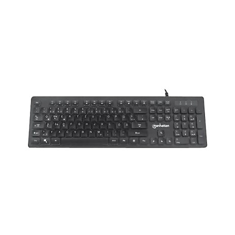 Schwarze Manhattan Tastatur mit QWERTZ-Layout und weißer Beschriftung vor weißem Hintergrund.