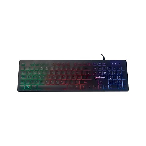 Schwarze Manhattan Tastatur mit bunter RGB-Hintergrundbeleuchtung vor neutralem weißem Hintergrund.
