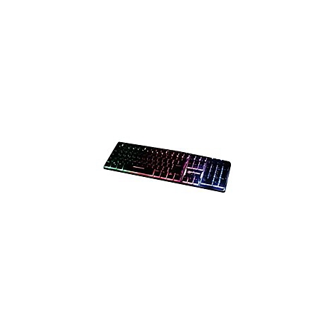 Eine schwarze Gaming-Tastatur mit mehrfarbiger LED-Beleuchtung. Die Tasten sind beleuchtet, wodurch sie in verschiedenen Farben leuchten.