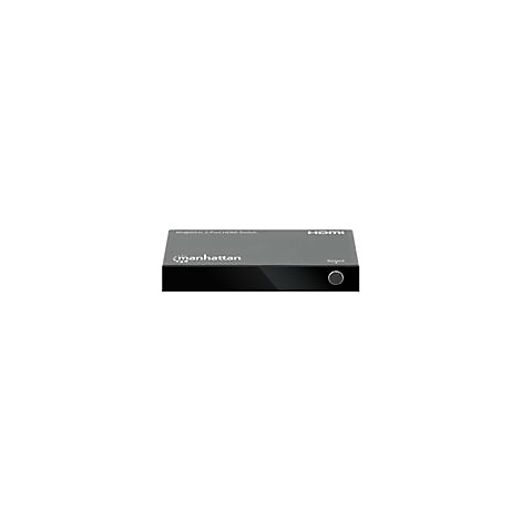 Schwarzer Manhattan HDMI-Switch mit rundem Knopf und Markenlogo.