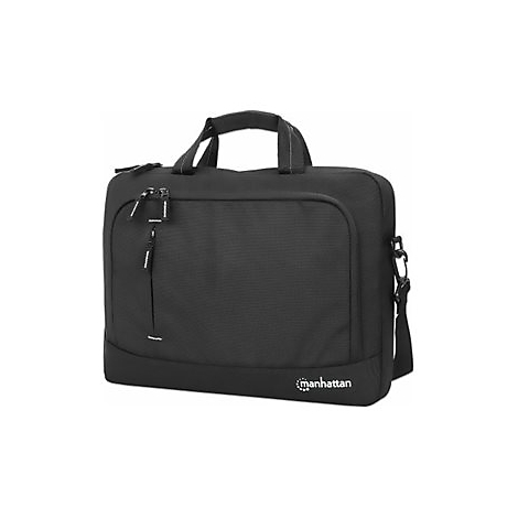 Schwarze Laptoptasche von Manhattan mit Tragegriffen und Reißverschlussfächern vor weißem Hintergrund.