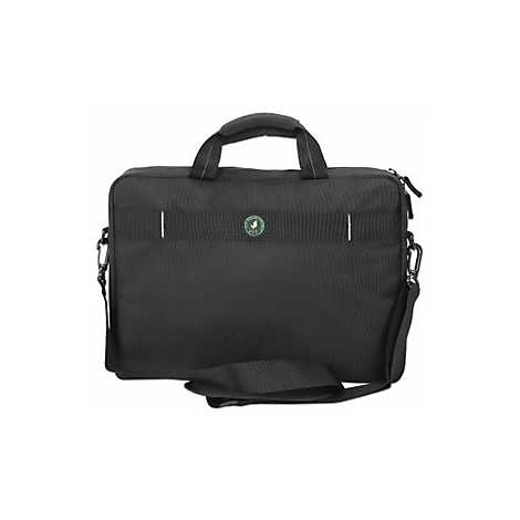 Schwarze Laptoptasche mit Tragegriffen und Umhängegurt vor weißem Hintergrund.