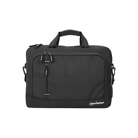 Schwarze Laptoptasche mit Tragegriffen, Reißverschlussfächern und kleinem Manhattan-Logo auf weißem Grund.
