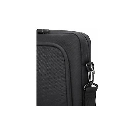 Nahaufnahme einer schwarzen Laptoptasche mit einem silbernen Karabinerhaken für den Schulterriemen.