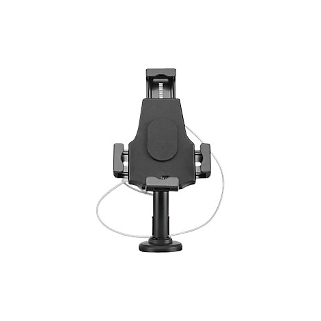 Schwarze Smartphone-Halterung für Fahrzeuge mit Standfuß und kurzem Ladekabel vor weißem Hintergrund.