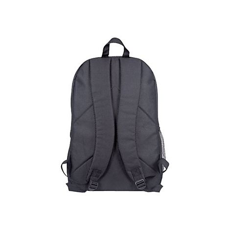 Rückansicht eines schlichten, schwarzen Rucksacks mit gepolsterten Schultergurten vor weißem Hintergrund.
