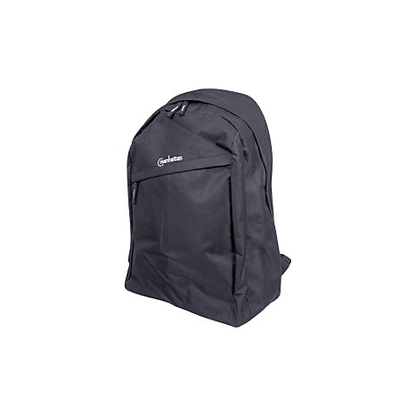 Schwarzer Manhattan Rucksack mit Reißverschluss und Logo-Stickerei vor weißem Hintergrund.