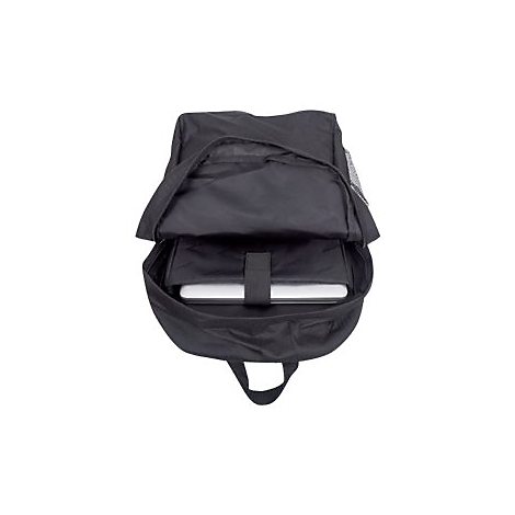 Ein schwarzer Rucksack ist offen, mit einem Laptop im gepolsterten Innenfach sichtbar.