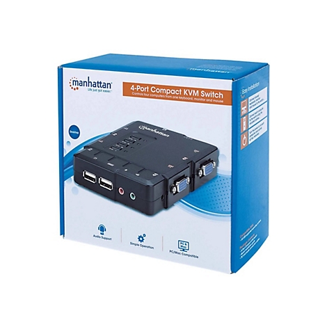 Eine blaue Box mit einem schwarzen 4-Port-KVM-Switch. Auf der Box stehen Produktinformationen, darunter „Manhattan“ und „Life just got easier“.