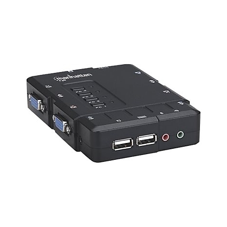 Schwarzer Manhattan KVM-Switch mit Anschlüssen für Monitore, USB und Audio.
