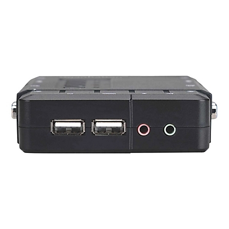 Schwarzes elektronisches Gerät mit USB-Anschlüssen und Audioeingängen.