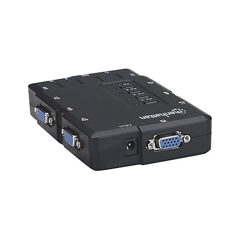 Schwarzer VGA-Switch von Manhattan mit Anschlüssen. Aufschrift: DC5V, Manhattan.