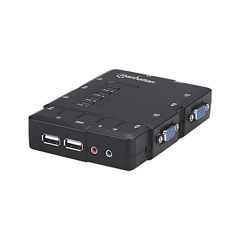 Schwarzer Manhattan-USB-Switch, vorn: 2 USB-A, Audio, hinten: VGA-Anschlüsse. Oben: PC-Anschlüsse.