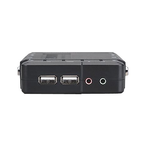 Schwarzer USB-Switch mit zwei USB-Anschlüssen, Audio-Eingang und -Ausgang.