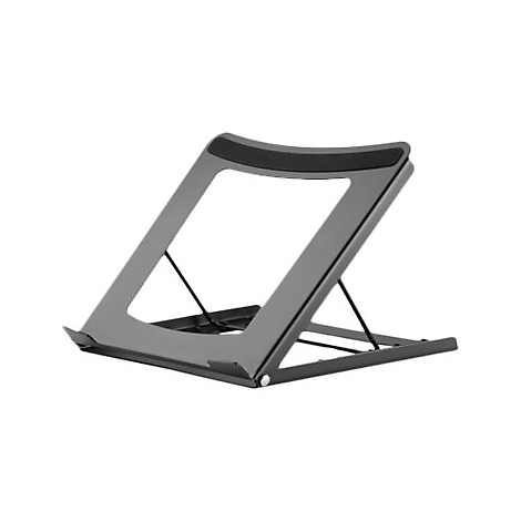 Ein klappbarer, grauer Laptopständer aus Metall vor weißem Hintergrund.