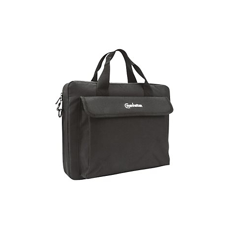 Schwarze Laptoptasche mit Tragegriffen und Manhattan-Logo auf der Fronttasche vor weißem Hintergrund.