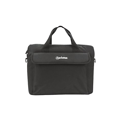 Schwarze Manhattan Laptoptasche mit Tragegriffen und Fronttasche vor weißem Hintergrund.