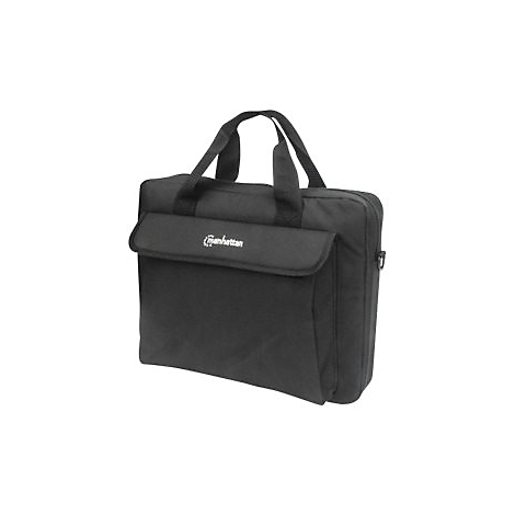Schwarze Laptoptasche mit Tragegriffen und weißem Manhattan-Logo auf der Fronttasche vor weißem Hintergrund.