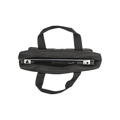 Blick von oben in eine offene, schwarze Laptoptasche mit einem darin verstauten Laptop.