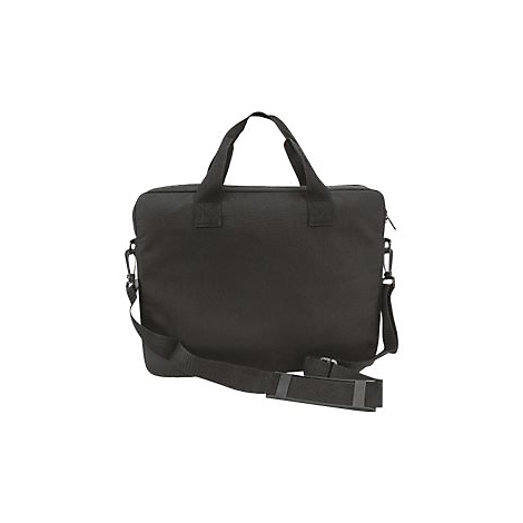 Schlichte schwarze Laptoptasche mit Tragegriffen und verstellbarem Schultergurt vor weißem Hintergrund.