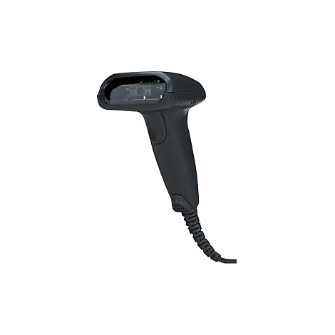 Ein schwarzer Barcode-Scanner vor weißem Hintergrund. Der Griff ist ergonomisch geformt und mit einem Kabel verbunden.