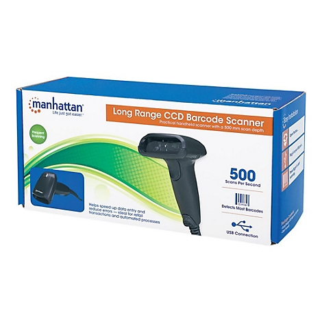 Karton mit einem Barcode-Scanner. Auf dem Karton steht Long Range CCD Barcode Scanner. Der Scanner selbst ist dunkelgrau.