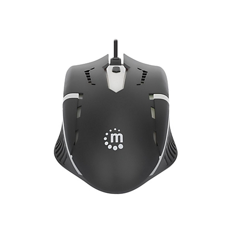 Schwarze Gaming-Maus mit weiÃŸem Logo und weiÃŸen Akzenten.