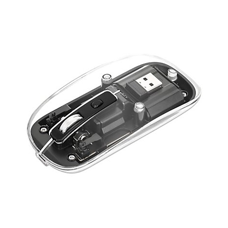 Durchsichtige Computermaus, Innenleben sichtbar. Mausrad, USB-Empfänger, Knöpfe in Schwarz. Gehäuse klar.