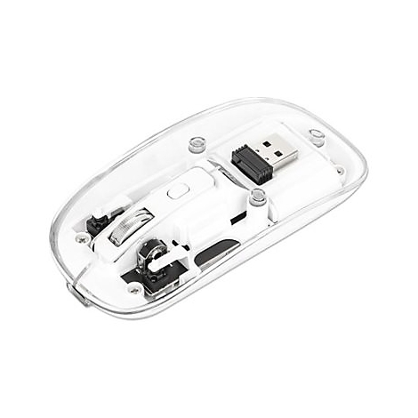 Drahtlose weiße Maus von unten mit transparentem Deckel, USB-Empfänger sichtbar.