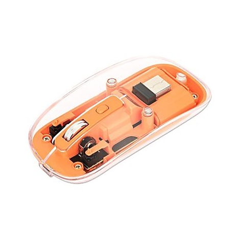 Nahaufnahme einer durchsichtigen, orangefarbenen Maus. Die Innereien sind sichtbar, ein USB-Stecker ist zu sehen.