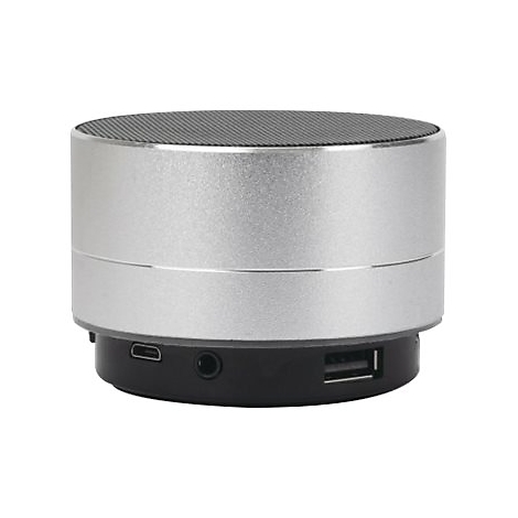 Runder, silberner Bluetooth-Lautsprecher mit schwarzer Oberseite und Anschlüssen am schwarzen Sockel.