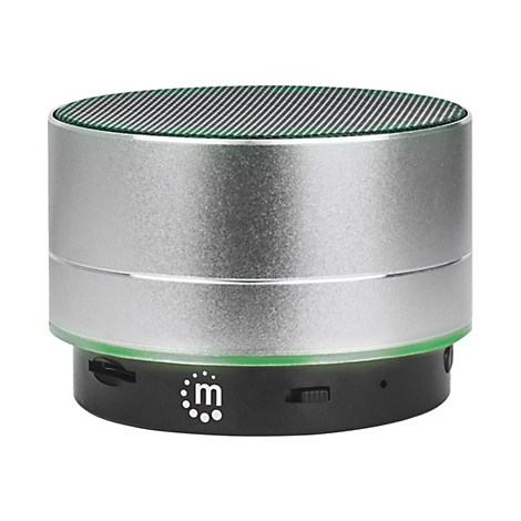 Kompakter, silberfarbener Bluetooth-Lautsprecher mit grünem Gitter und schwarzer Basis.